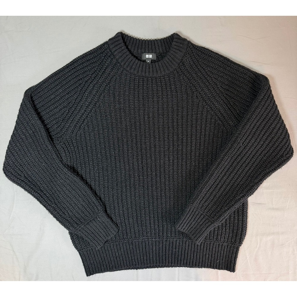 Uniqlo Womens Black Ribbed Knit Raglan Crewneck Wool Blend Sweater Cozy XS